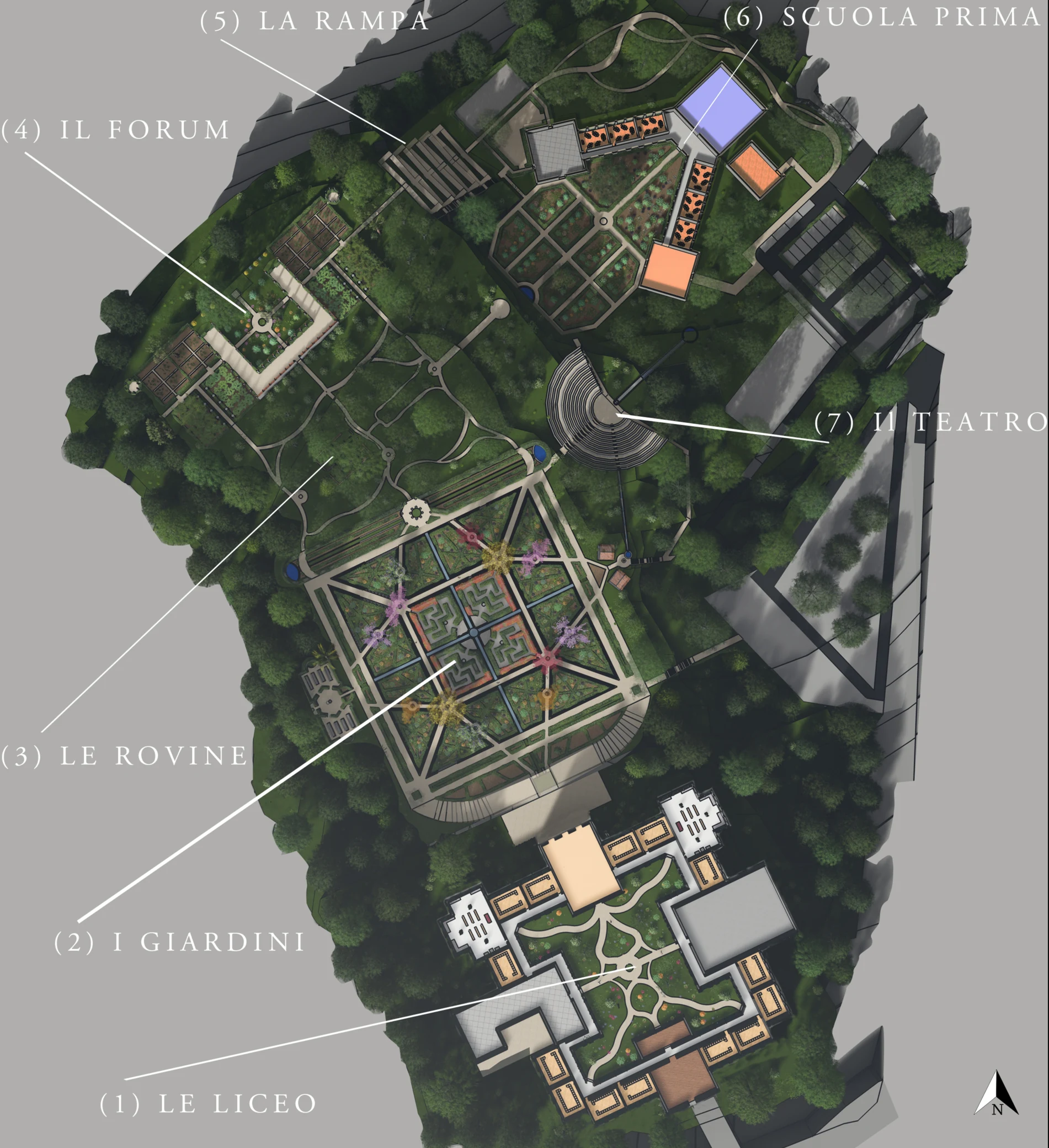 Campus plan showing the high school, linked gardens, ruins, theater and primary school with north arrow.
