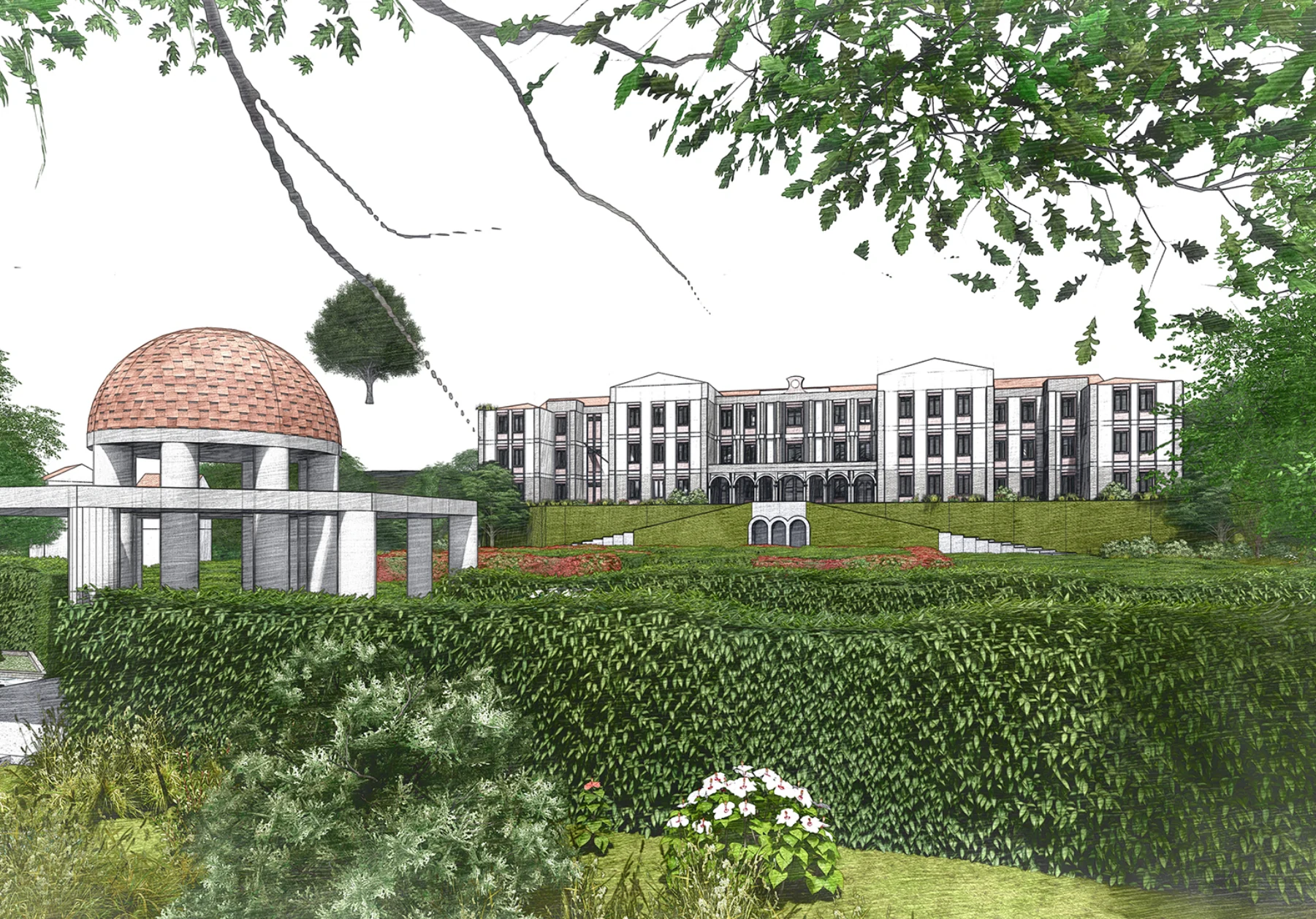 Liceo proposal viewed across a garden toward the school and a small domed pavilion.