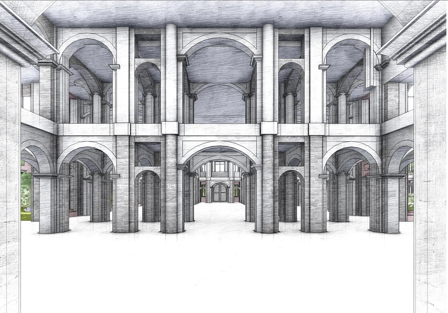Interior perspective of a tall shared room framed by columns, arches and upper-level openings.