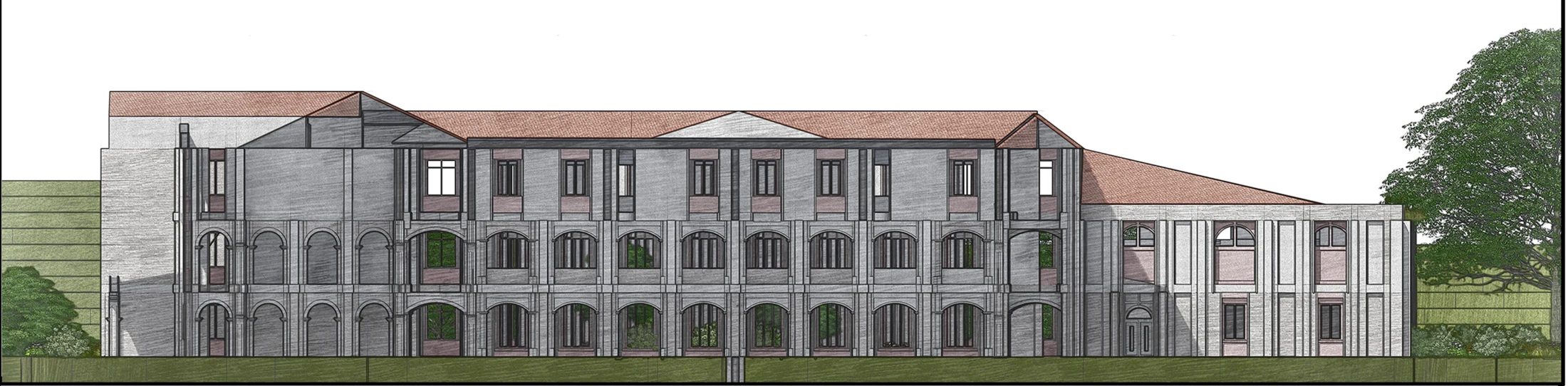 Longitudinal school section with a taller central hall, arcades and classroom wings.