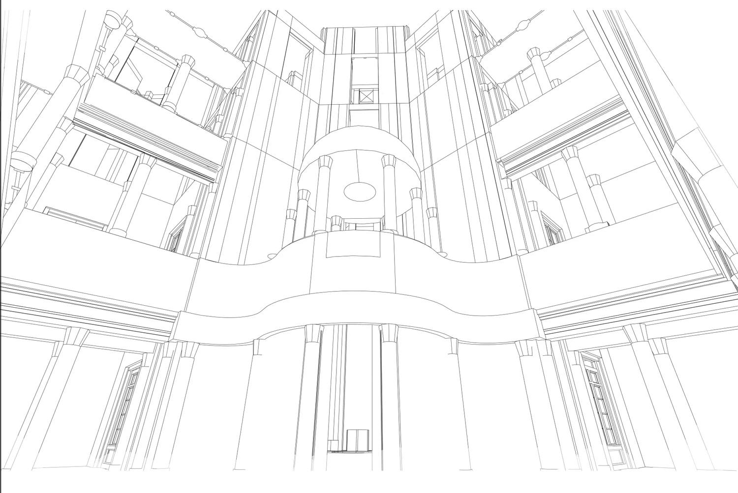 Upward line perspective from the palazzo courtyard toward surrounding facades and a central domed feature.