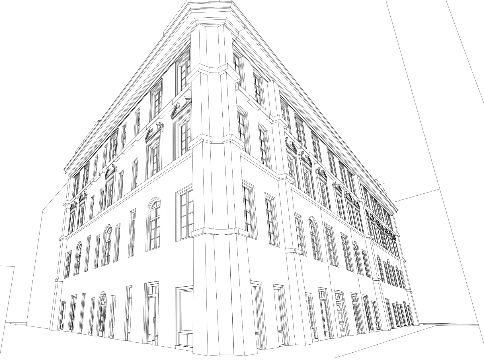 Line perspective looking upward along the corner and two street facades of the palazzo proposal.