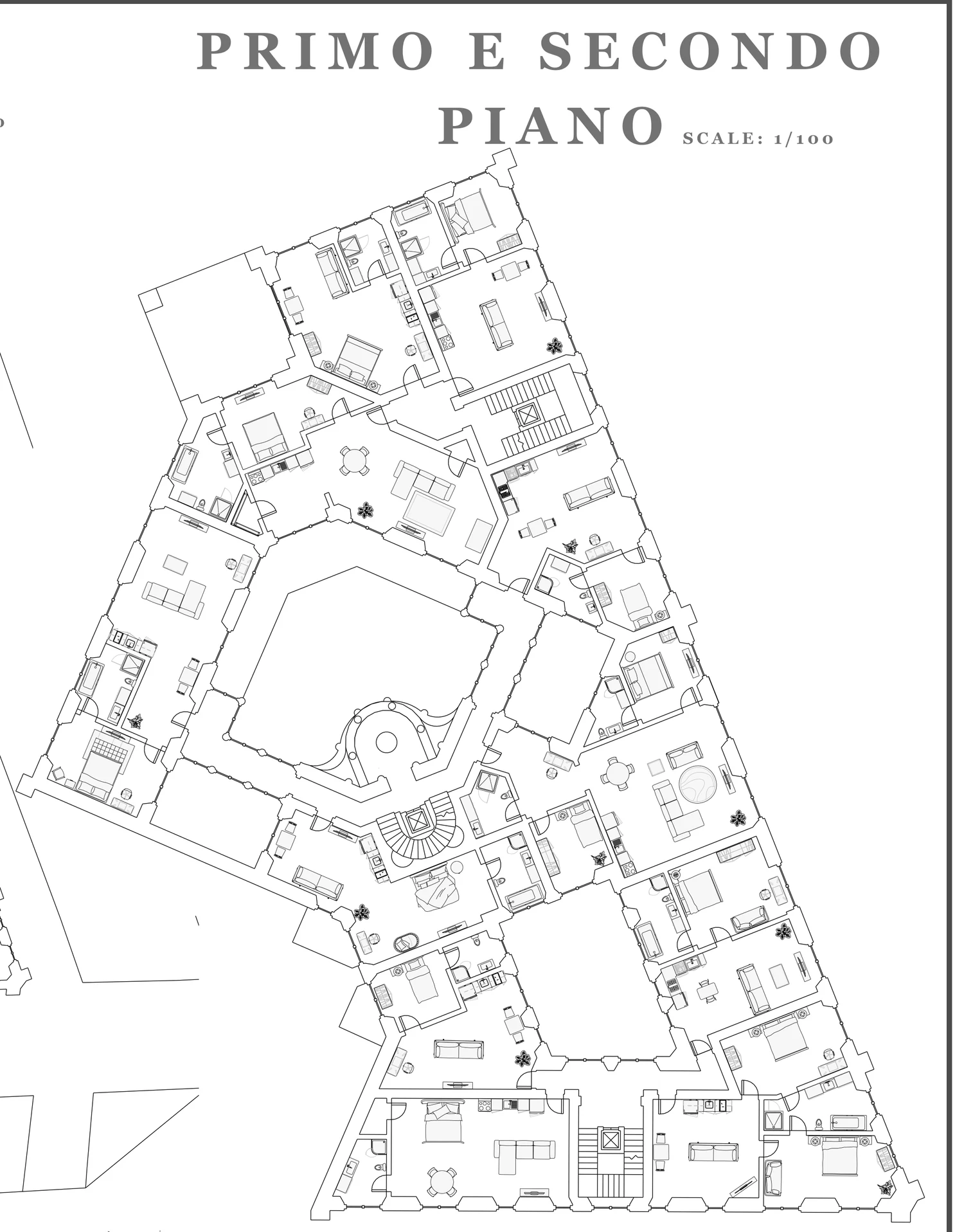 First and second-floor plan with apartments arranged around two connected courtyard spaces.