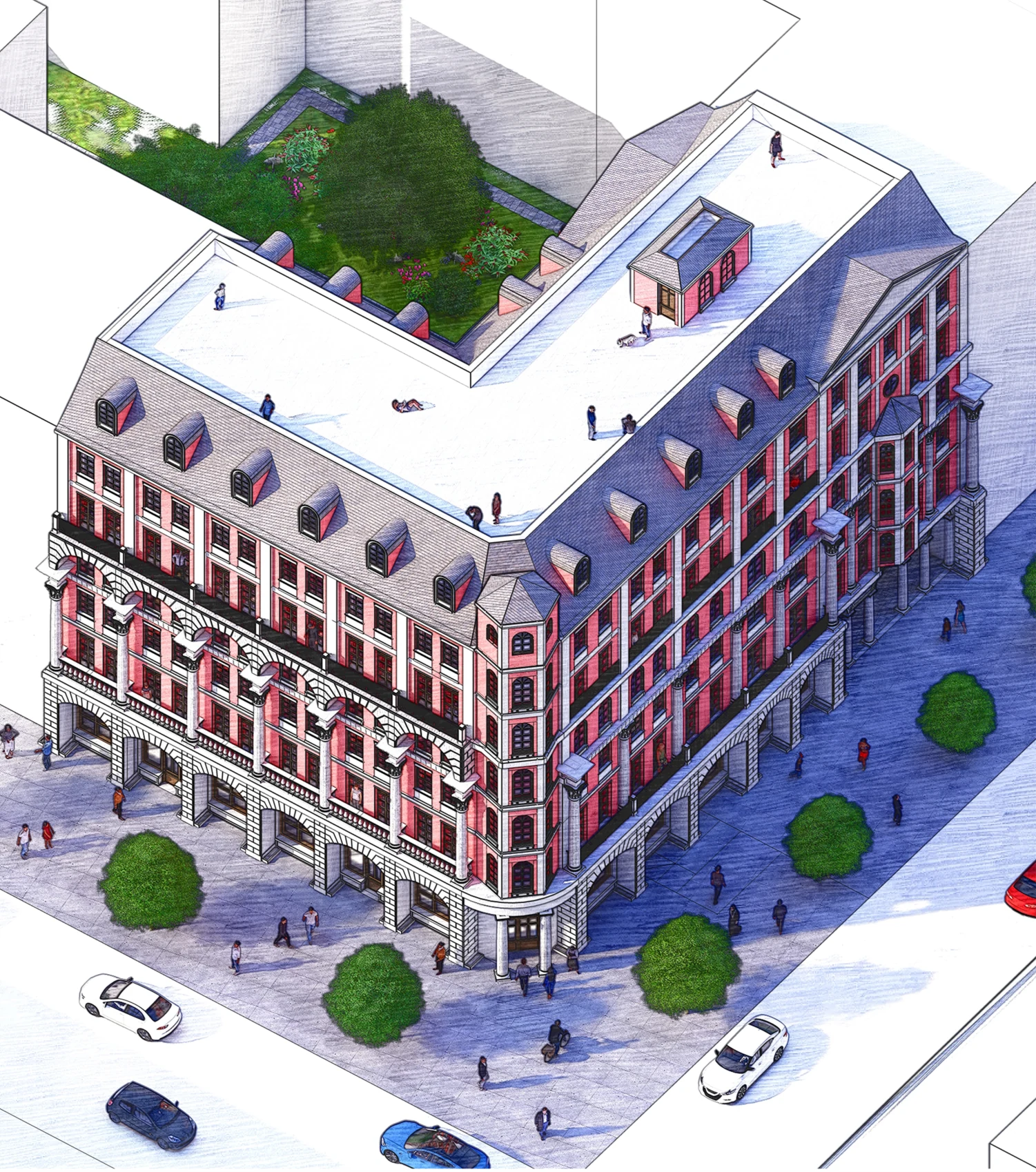Aerial perspective of a red apartment building turning the corner between two streets and enclosing a planted court.