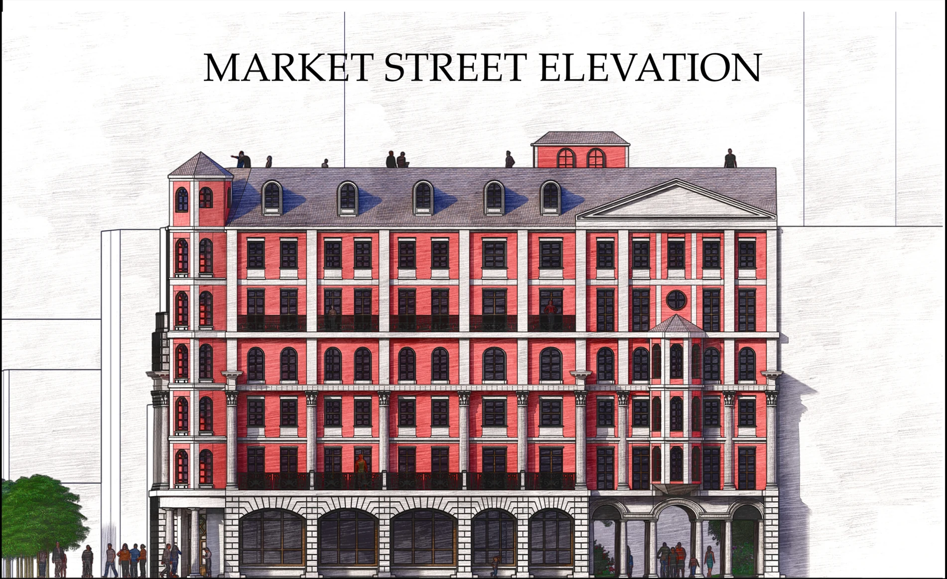 Market Street elevation with ground-floor storefronts, red upper stories and an emphasized entrance bay.