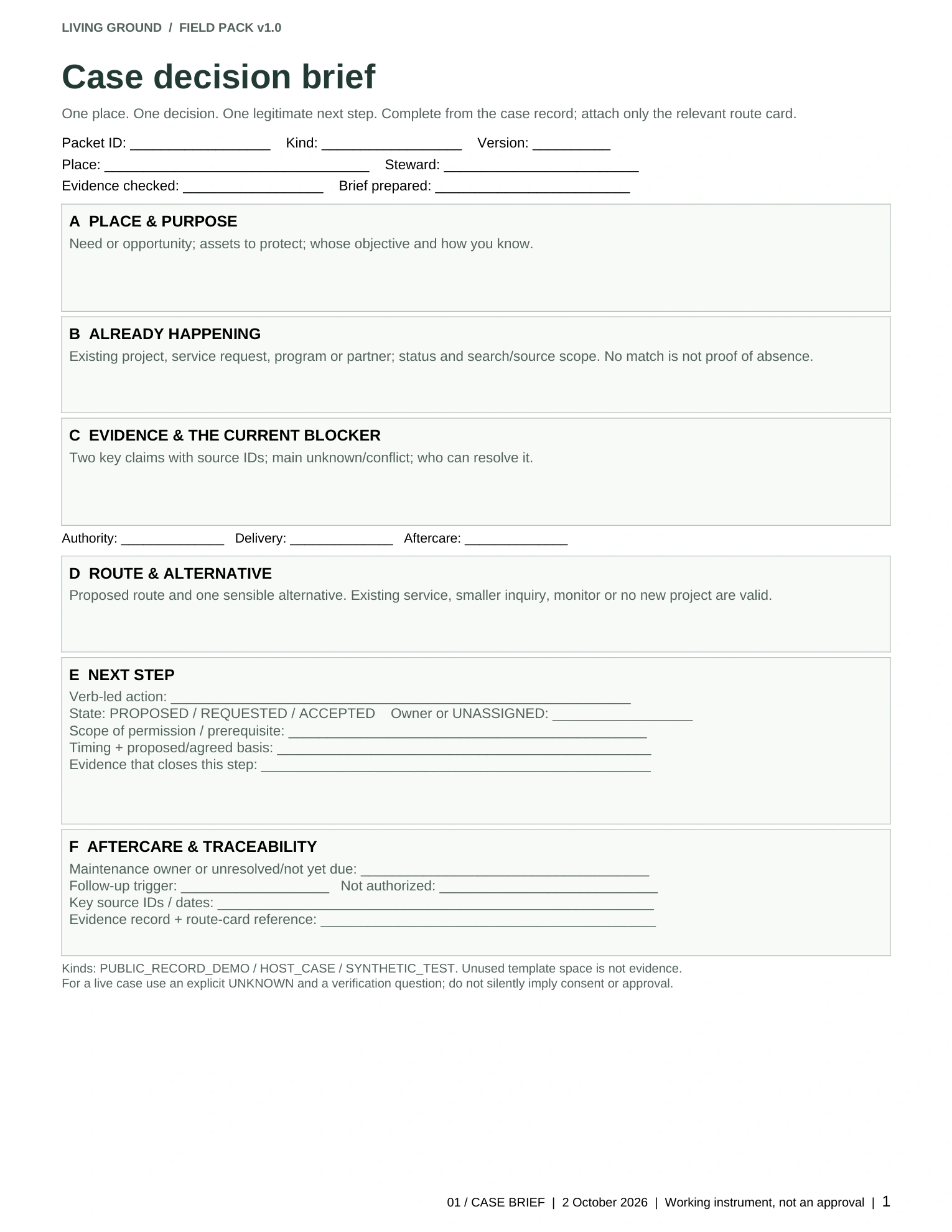 Blank Living Ground case brief with fields for place and purpose, existing activity, evidence, route, next step and aftercare.