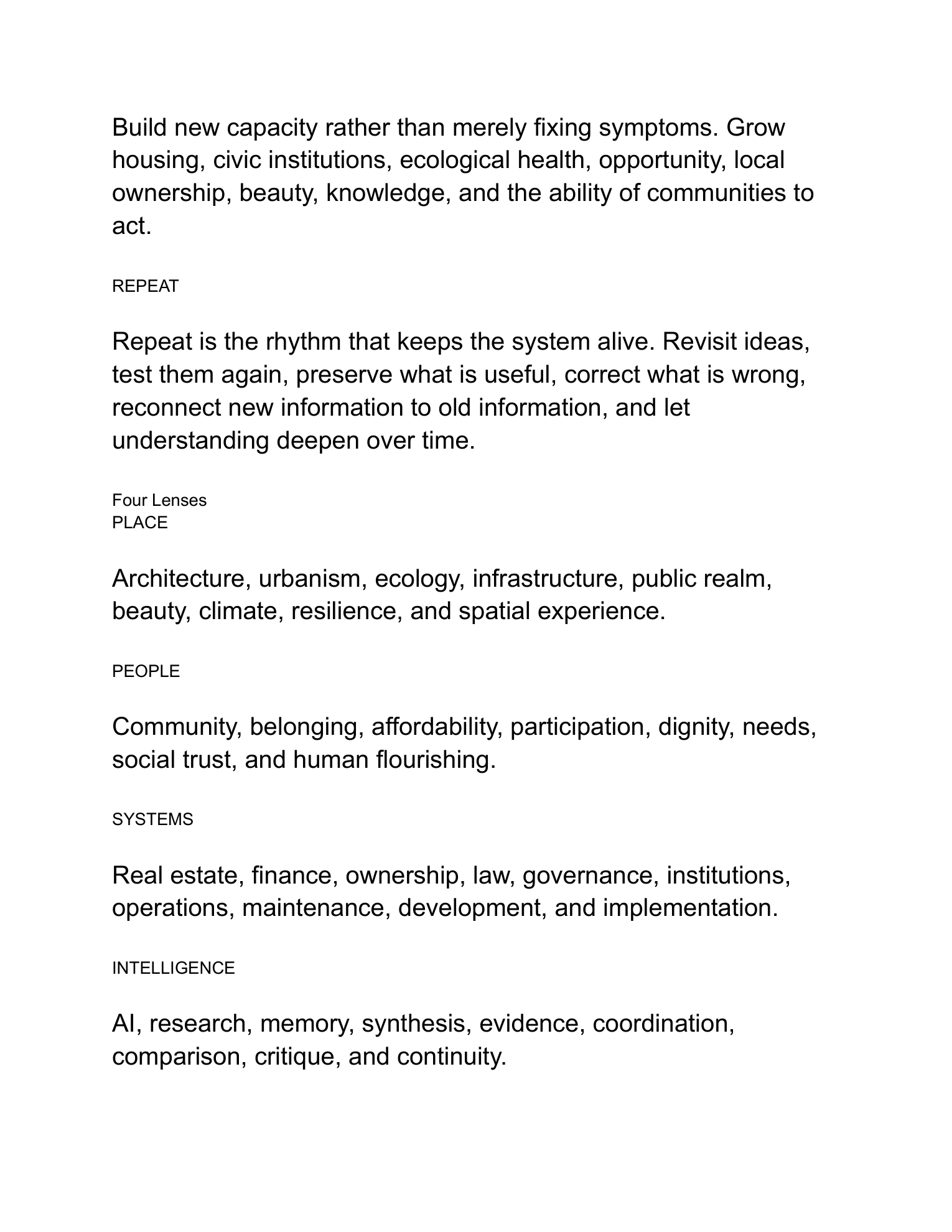 Original Living Systems document page setting out Repeat and the four lenses of Place, People, Systems and Intelligence.