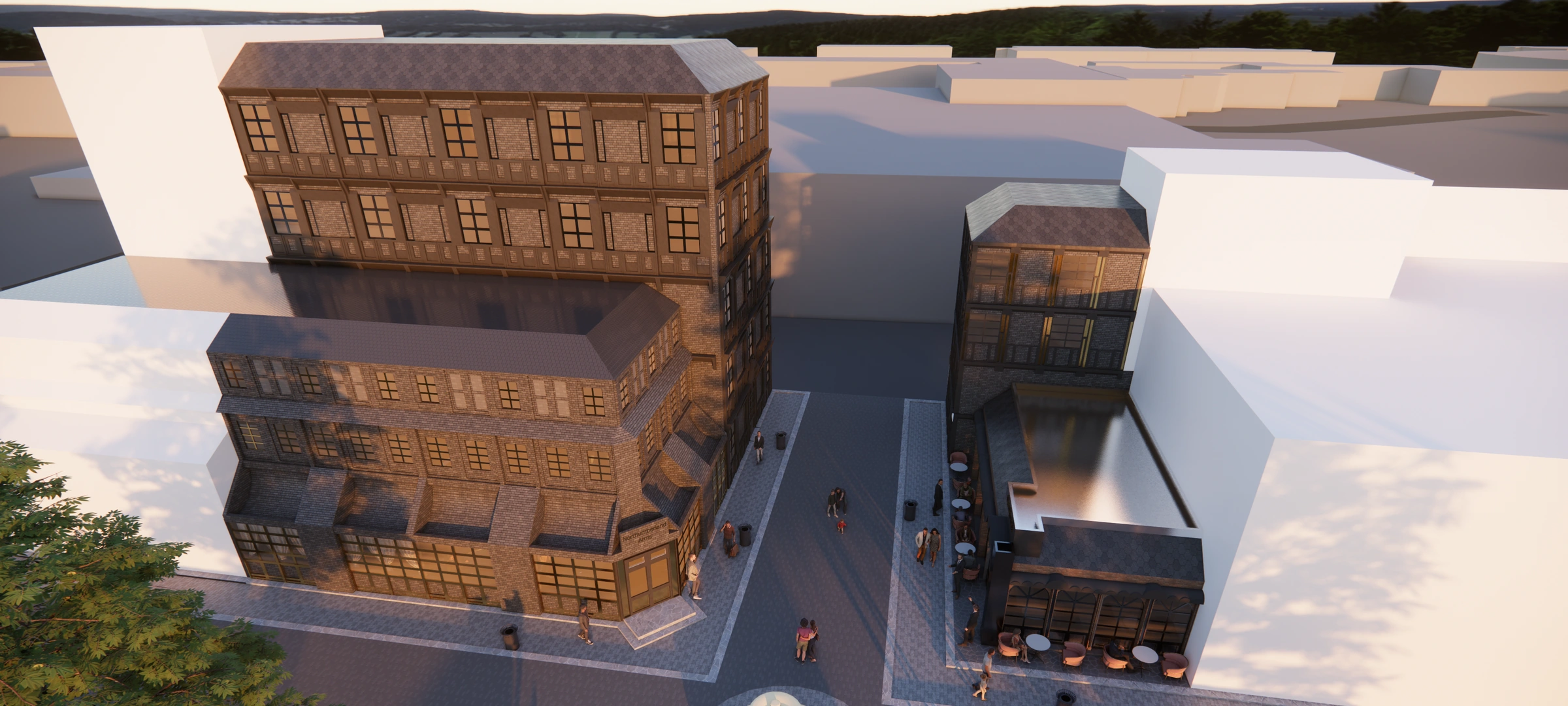 Rendered overview of the Scarlet Hotel and facing buildings along a shared pedestrian street.