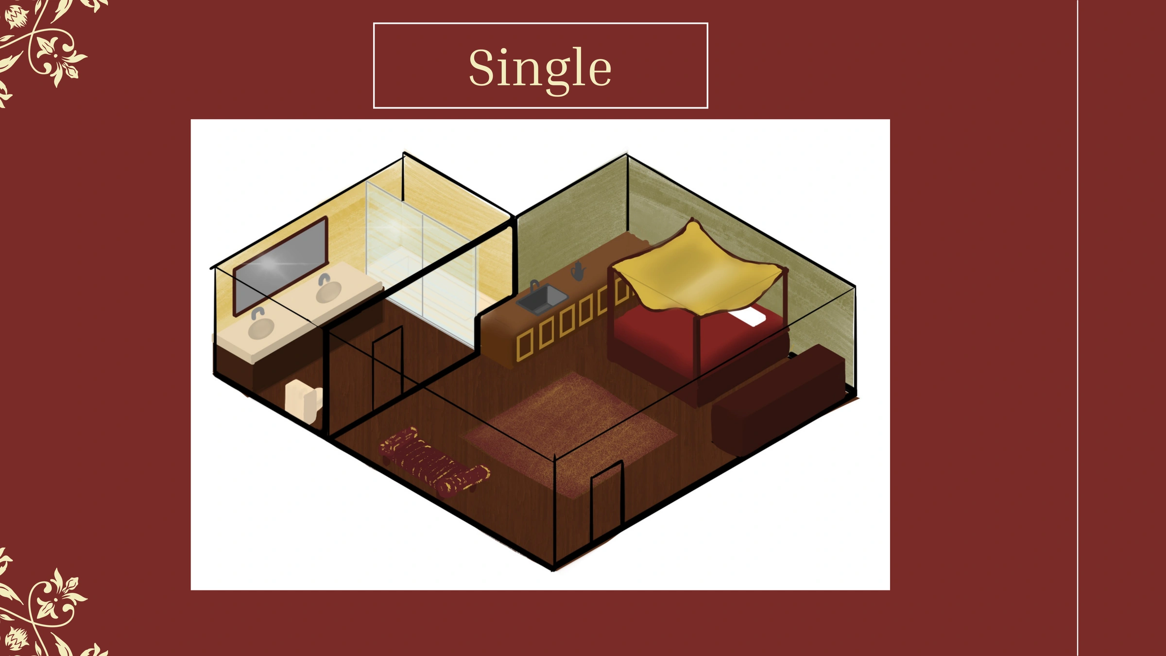 Original Scarlet Hotel presentation sheet showing a cutaway single-room arrangement.