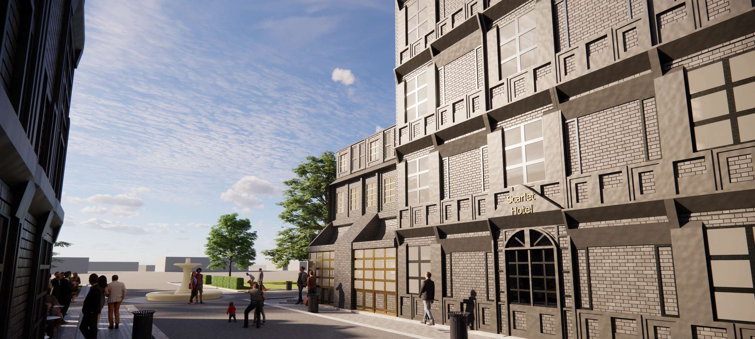 Street-level rendering of the proposed hotel façade and pedestrian street.