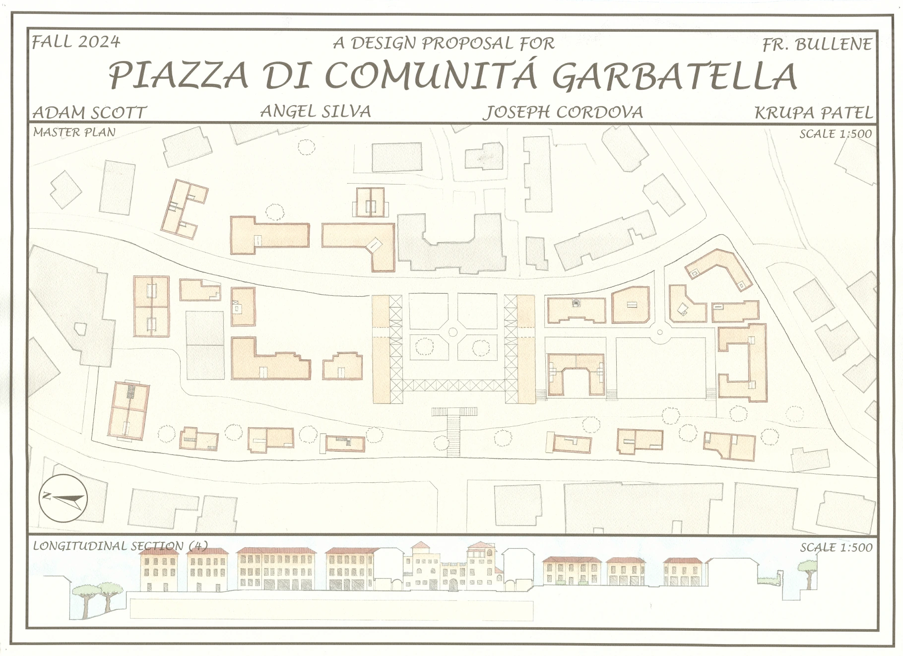 Piazza di Comunità Garbatella: the collaborative plan connects civic rooms, courts and terraces. Adam Scott, Angel Silva, Joseph Cordewana and Rohan Patel; Fr. Bullene, Fall 2024.