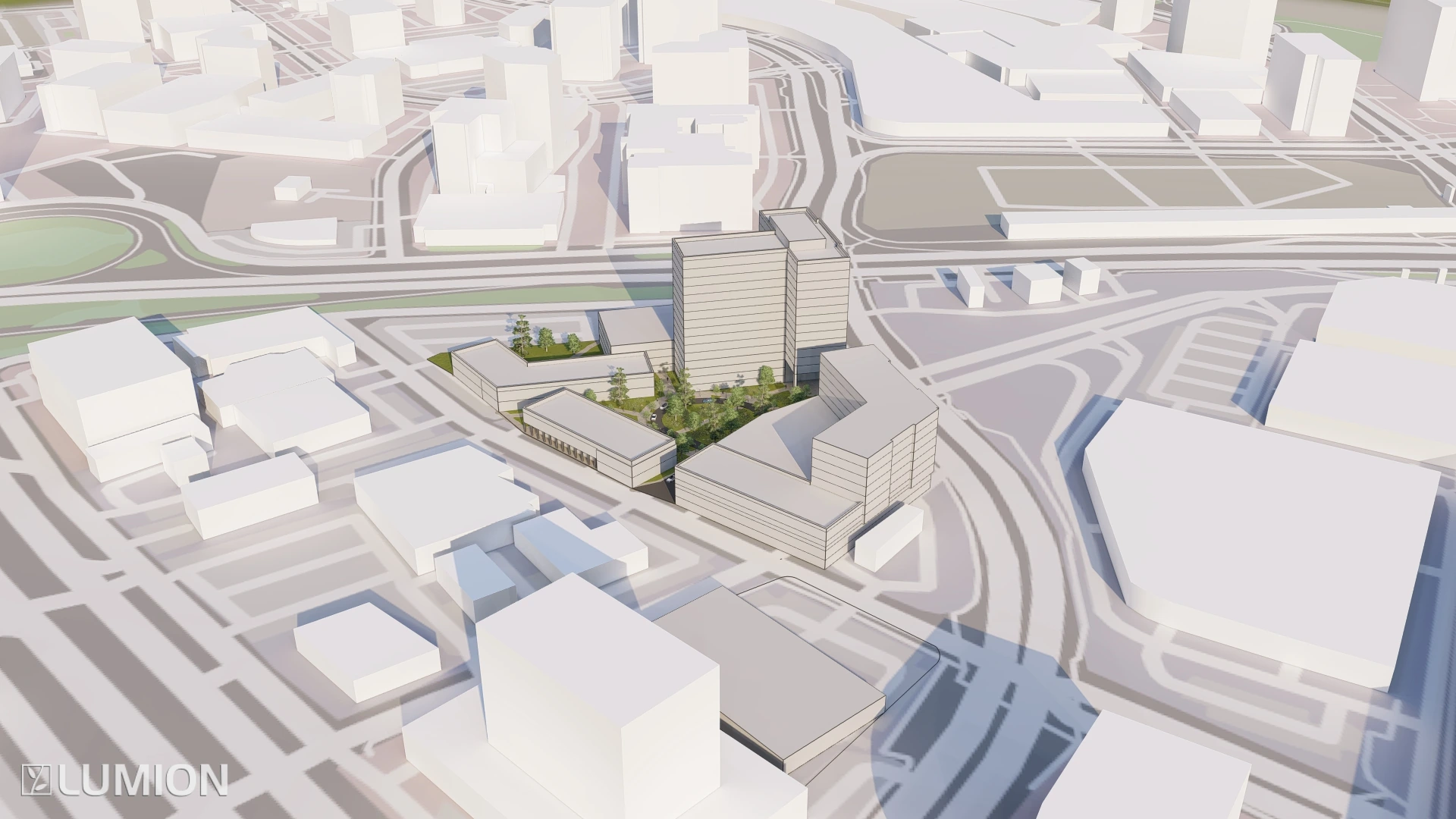 The student redevelopment model organizes buildings, streets and open space at Tysons Corner. Collaborative SIBC proposal; Adam contributed site plans and 3D modeling.