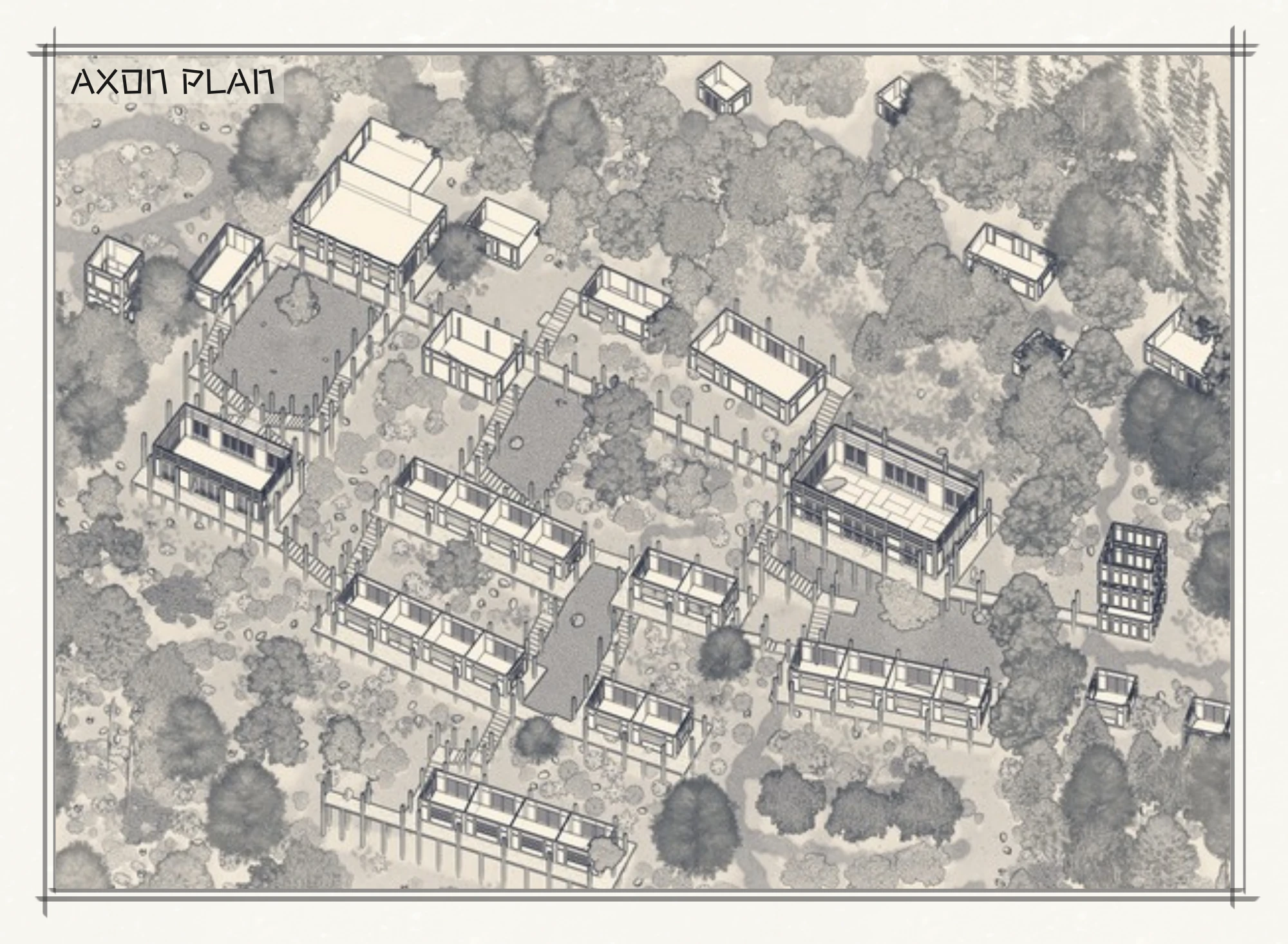 Axonometric plan showing linked courts and monastery rooms