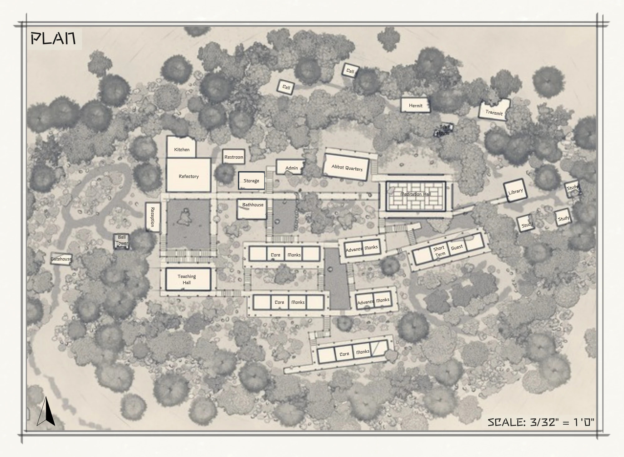 Labeled monastery plan with teaching, meditation and living spaces